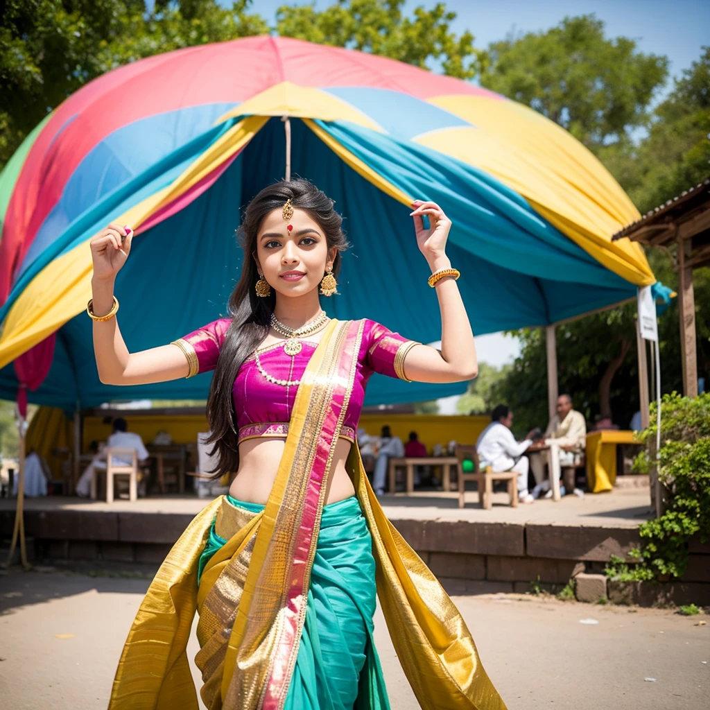
1. **Traditional Attire:**
   - "A young Indian girl dressed in a colorful lehenga choli, with intricate henna designs on her hands, standing in front of a grand palace decorated for a festival."

2. **Modern Fashion:**
   - "A stylish Indian girl in a trendy urban outfit, with vibrant street art murals in the background, posing confidently on a bustling city street."

3. **Cultural Celebration:**
   - "An Indian girl participating in a Diwali festival, her face and clothes covered in bright colored powders, with people celebrating joyfully around her."

4. **Village Scene:**
   - "A young Indian girl in a simple, traditional salwar saree, sitting by a tranquil river in a rural village, with lush green fields and thatched-roof huts in the background."

5. **Academic Setting:**
   - "An Indian girl in a rajsthani dress, sitting at a desk in a classroom, focused on her studies with books and a chalkboard in the background."

6. **Artistic Pursuit:**
   - "An Indian girl practicing classical Indian dance, wearing an elegant Bharatanatyam costume, striking a graceful pose