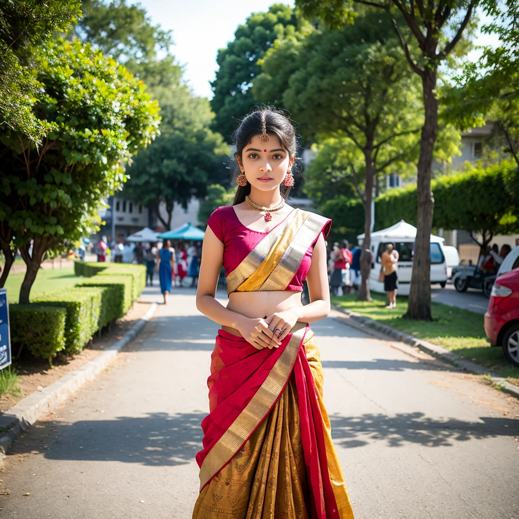 
1. **Traditional Attire:**
   - "A young Indian girl dressed in a colorful lehenga choli, with intricate henna designs on her hands, standing in front of a grand palace decorated for a festival."

2. **Modern Fashion:**
   - "A stylish Indian girl in a trendy urban outfit, with vibrant street art murals in the background, posing confidently on a bustling city street."

3. **Cultural Celebration:**
   - "An Indian girl participating in a Diwali festival, her face and clothes covered in bright colored powders, with people celebrating joyfully around her."

4. **Village Scene:**
   - "A young Indian girl in a simple, traditional salwar saree, sitting by a tranquil river in a rural village, with lush green fields and thatched-roof huts in the background."

5. **Academic Setting:**
   - "An Indian girl in a rajsthani dress, sitting at a desk in a classroom, focused on her studies with books and a chalkboard in the background."

6. **Artistic Pursuit:**
   - "An Indian girl practicing classical Indian dance, wearing an elegant Bharatanatyam costume, striking a graceful pose