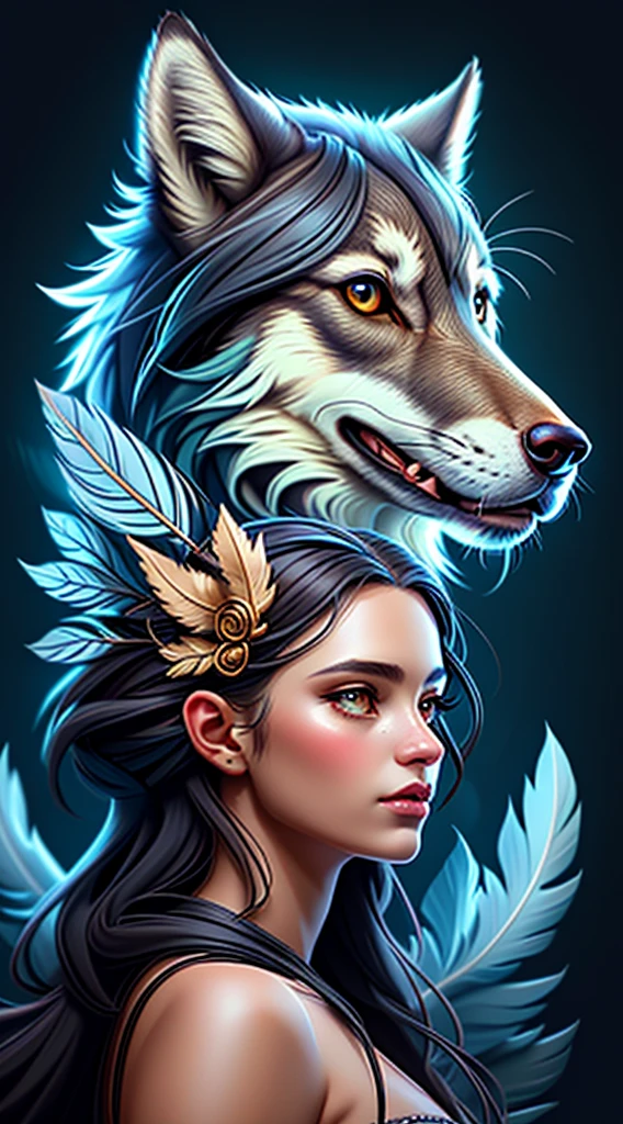 a woman with a wolf's head and feathers on her head, 16k high quality detailed artwork, wolf girl, stunning art style, beautiful digital art, high quality works of art, female anthropomorphic wolf, Highly detailed 8K digital art, Bela arte UHD 8K, Detailed 8K digital art, great digital art with details, angie wolf