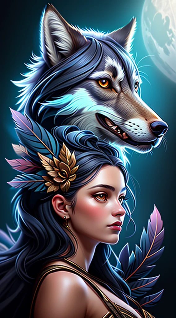 a woman with a wolf's head and feathers on her head, 16k high quality detailed artwork, wolf girl, stunning art style, beautiful digital art, high quality works of art, female anthropomorphic wolf, Highly detailed 8K digital art, Bela arte UHD 8K, Detailed 8K digital art, great digital art with details, angie wolf