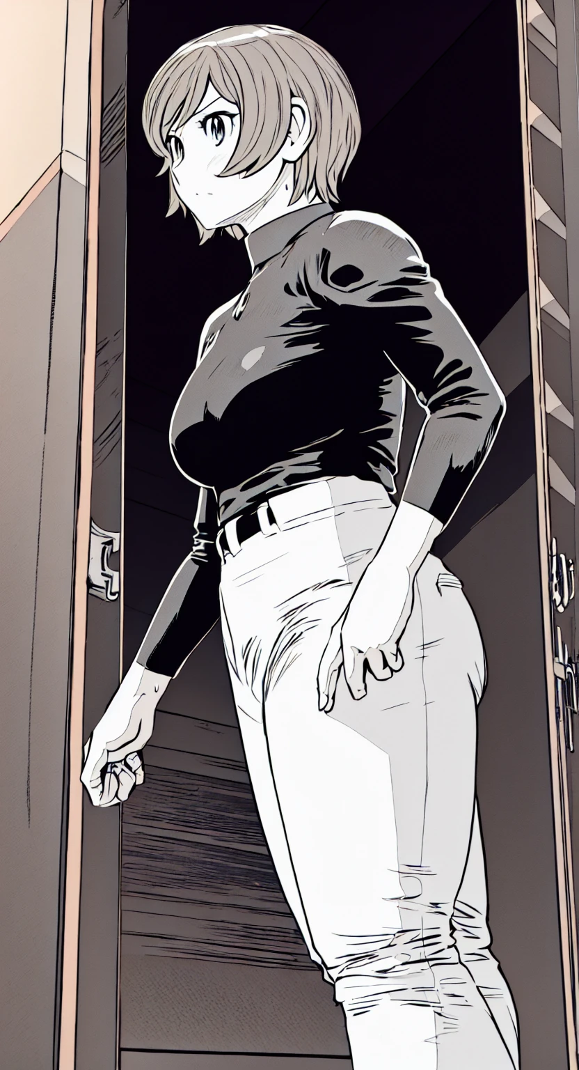 (野球uniform:1.2),
Blonde Hair, (short hair:1.2),Long sleeve, Black Shirt, turtleneck,White trousers、uniform、Black belt、((Illustration of people))、Big 、
View Audience,, (Highest quality:1.3),One Girl, White pants、uniform、indoor、baseball 、White wall、blue eyes、Tight black shirt、(masterpiece、Highest quality)、Highest quality, Ultra-high resolution, (((masterpiece))), alone, Sweat、Big eyes、Big Breasts、One Girl, Front view、Embarrassed face、Bronze colored hair、((short hair))、Stand up straight、Cowboy Shot
