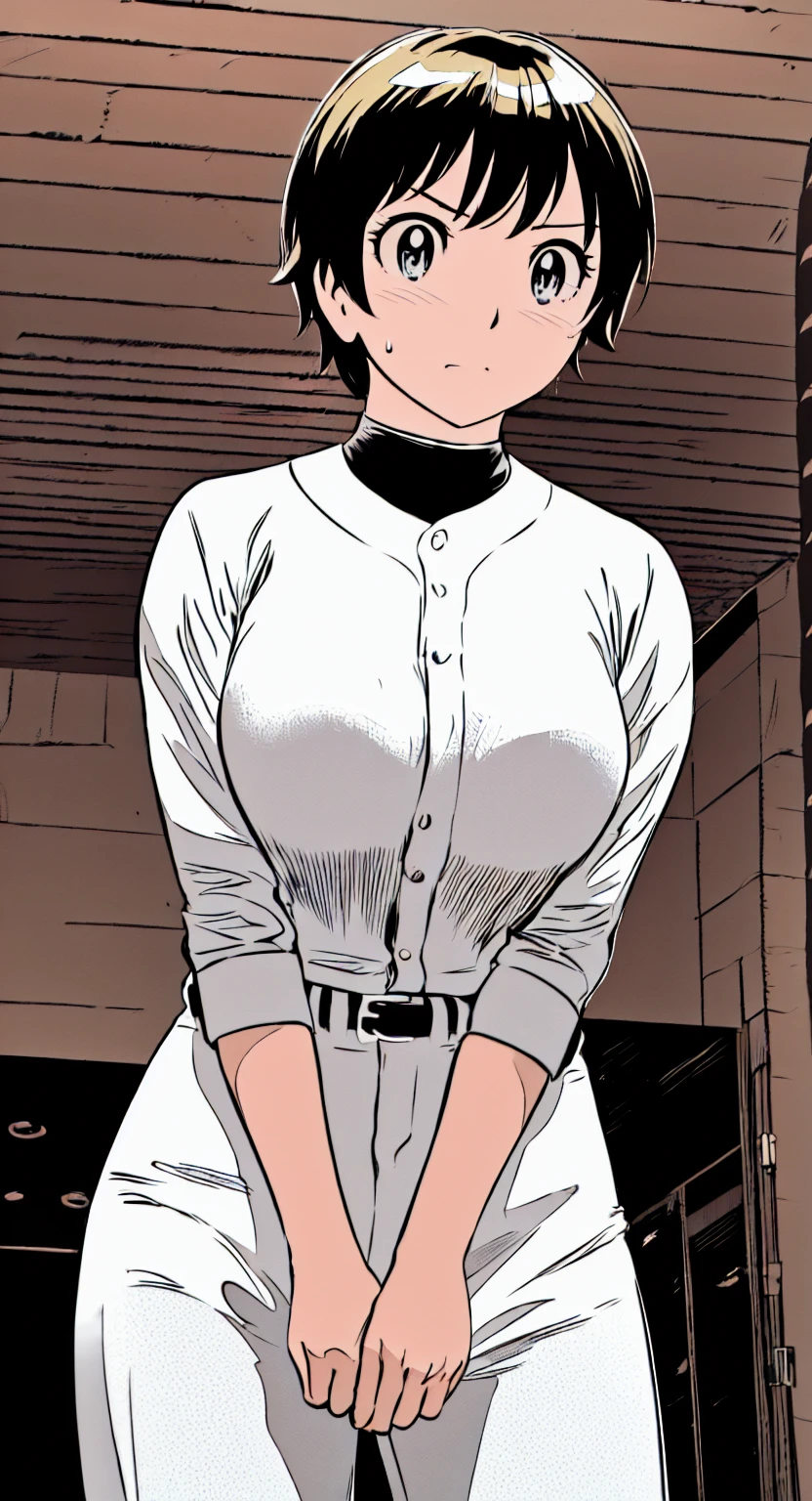 (野球uniform:1.2),
Blonde Hair, (short hair:1.2),Long sleeve, Black Shirt, turtleneck,White trousers、uniform、Black belt、((Illustration of people))、Big 、
View Audience,, (Highest quality:1.3),One Girl, White pants、uniform、indoor、baseball 、White wall、blue eyes、Tight black shirt、(masterpiece、Highest quality)、Highest quality, Ultra-high resolution, (((masterpiece))), alone, Sweat、Big eyes、Big Breasts、One Girl, Front view、Embarrassed face、Bronze colored hair、((short hair))、Stand up straight、Cowboy Shot