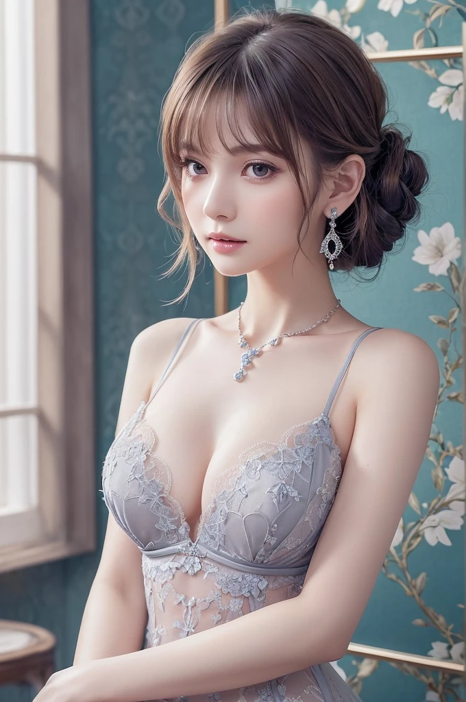 darkblue lace thong&Good, (((Very elegant and beautiful, Perfect detail, Super detailed))), whole body, The most detailed girl, Depth of written boundary, 美しく詳細なwhole body, Thin legs, 1 girl, 30 years old, Very short hair, Spiked Hair, Gray and silver hair, Beautiful detailed hair, Perfect Face, Expressionless, Beautifully detailed deep eyes, Open your mouth a little, Delicate arms and hands, Pale skin, Earrings, Beautiful and gorgeous necklace, Colorful background, HD background, Blurred Background, Very delicate and beautiful, Masterpiece, (((Highest quality, Very beautiful 8K CG wallpaper))), (((Trendy hairstyles))), (Inside the room,Stylish interior,window),