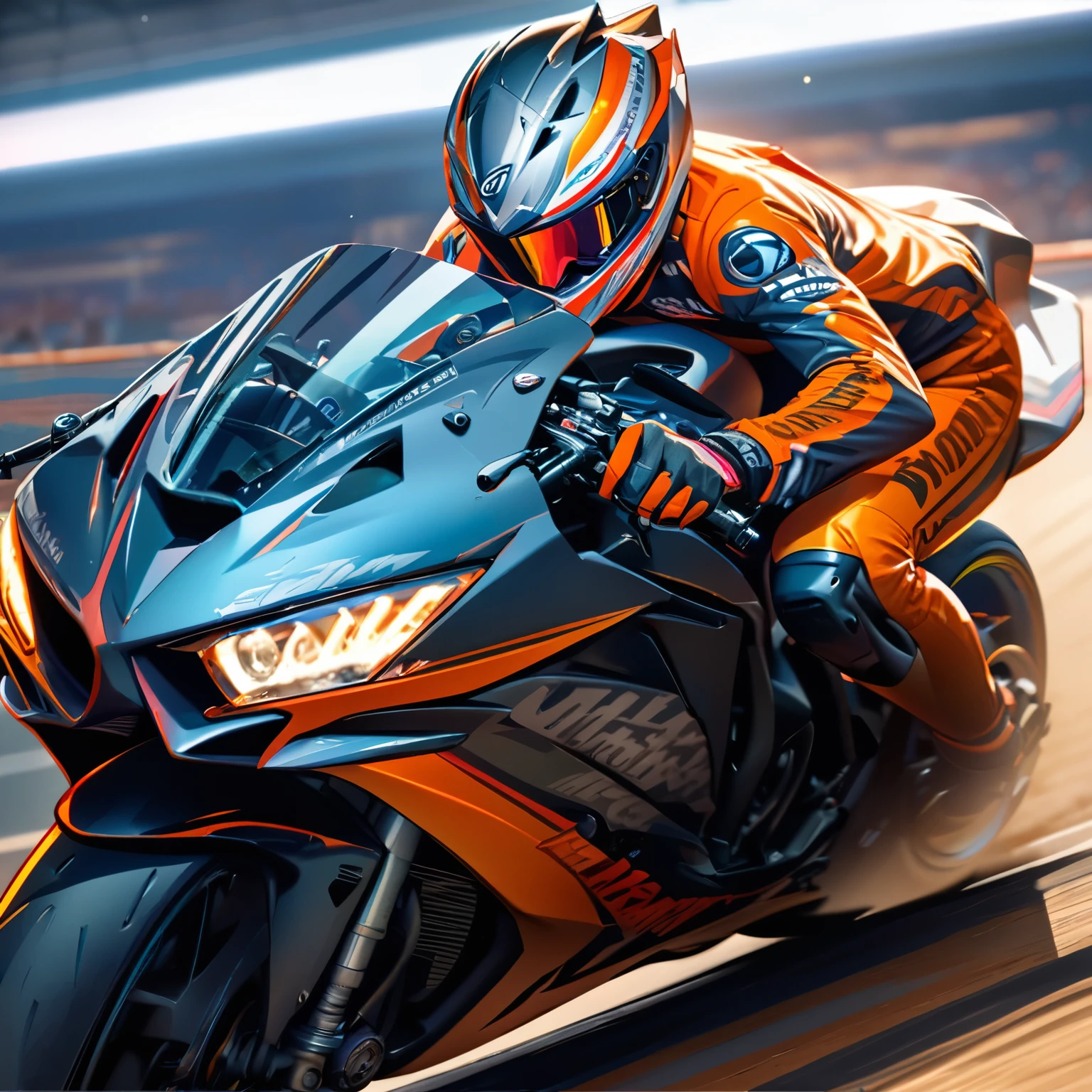 (best quality,8k,highres, masterpiece:1.2), ultra-detailed, HDR, UHD, studio lighting, ultra-fine painting, sharp focus, physically-based rendering, extreme detail description, professional, vivid colors, bokeh, portraits, concept artists, warm color palette, dramatic lighting,Circuit track, running bike, racer riding motorcycle, concentration line, auto racing,