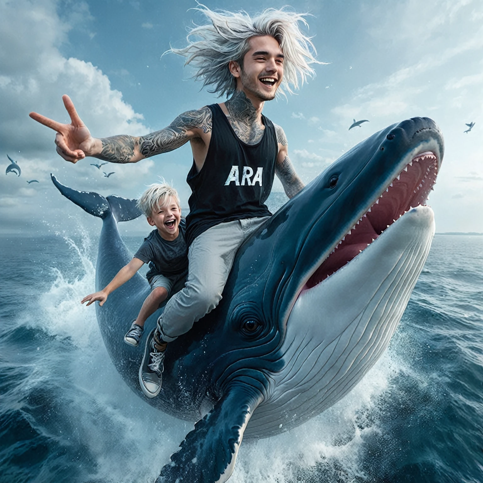 White haired young man with tattoos with a boy, wearing a black tank top that says "ARA" in white ink, and gray pants, jumping into the sea on a whale, the whale is laughing, they are happy, looking at the camera, floating on a whale in the sea, distorted poses, fantasy art style, amazing action poses, modern fantasy art, creative photo manipulation, dramatic magic floating poses, distorted water, flying waves, amazing art, speeding sky, Go-Pro style, high quality photos