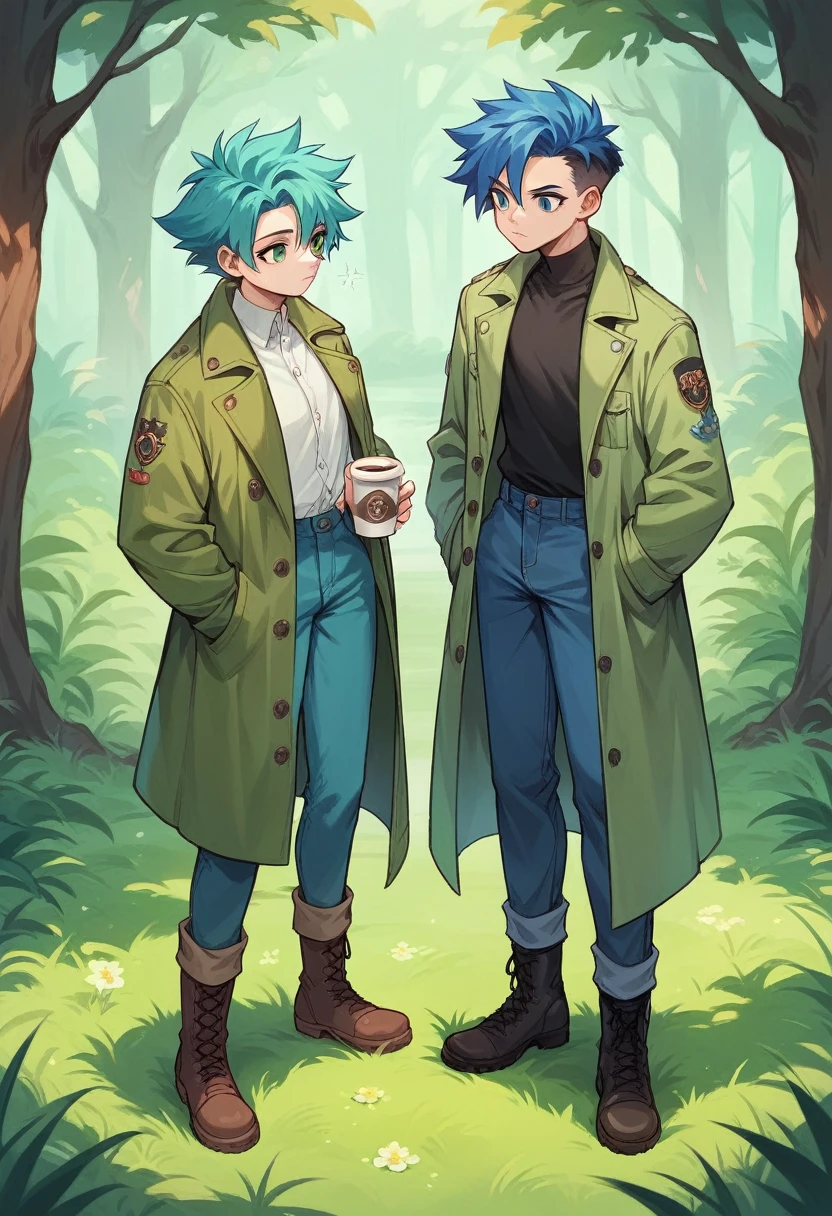 A girl, 23 years, long spiky hair, green and blue hair, green eye and blue eye, green trench coat with plant details, blue pants, coffee boots, tall grass, dark forest, sunny day, distant view