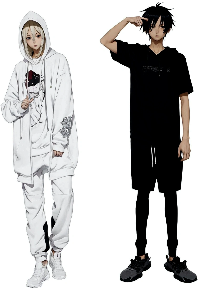 two anime characters in hoodies and sweaties standing next to each other, anime full body illustration, full body!!, full body and head, full body illustration, single character full body, full_body!!, full body details, two different characters, with index finger, full - body and head view, detailed anime character art, modern anime style, male anime style