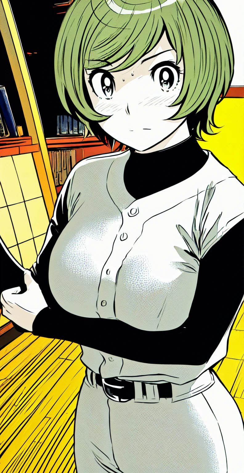 (野球uniform:1.2),
Blonde Hair, (short hair:1.2),Long sleeve, Black Shirt, turtleneck,White trousers、uniform、Black belt、((Illustration of people))、Big 、
View Audience,, (Highest quality:1.3),One Girl, White pants、uniform、indoor、baseball 、White wall、blue eyes、Tight black shirt、(masterpiece、Highest quality)、Highest quality, Ultra-high resolution, (((masterpiece))), alone, Sweat、Big eyes、Big Breasts、One Girl, Front view、Embarrassed face、Bronze colored hair、((short hair))、Stand up straight、Cowboy Shot