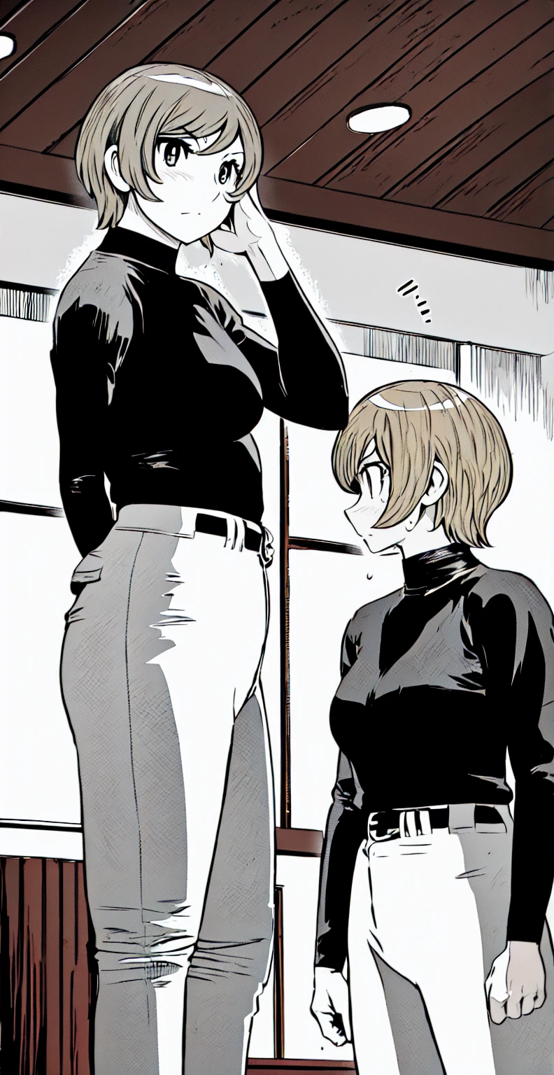 (野球uniform:1.2),
Blonde Hair, (short hair:1.2),Long sleeve, Black Shirt, turtleneck,White trousers、uniform、Black belt、((Illustration of people))、Big 、
View Audience,, (Highest quality:1.3),One Girl, White pants、uniform、indoor、baseball 、White wall、blue eyes、Tight black shirt、(masterpiece、Highest quality)、Highest quality, Ultra-high resolution, (((masterpiece))), alone, Sweat、Big eyes、Big Breasts、One Girl, Front view、Embarrassed face、Bronze colored hair、((short hair))、Stand up straight、Cowboy Shot