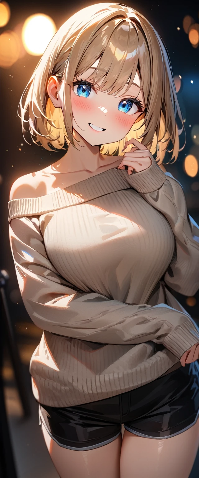 (((One girl))), blond hair, bob cut, big breasts, from front, (cowboy shot), (looking at viewer), ((black shorts)), ((black off-shoulder sweater)), face in focus, teenager, head tilt:1.3, (((blue eye))), ((happy smile)), ((blush)), ((sleeves past wrists)), anime style, (best quality, 4k, 8k, highres, masterpiece:1.2, ultra-detailed, ultra-detailed eyes, HDR, UHD, studio lighting, ultra-fine painting, sharp focus, physically-based rendering, extreme detail description, professional, vivid colors, bokeh)