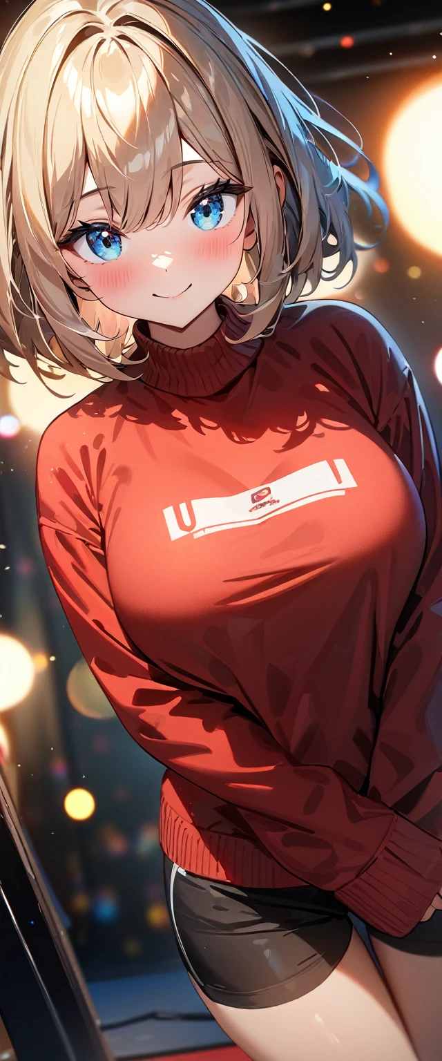 (((One girl))), blond hair, bob cut, big breasts, from front, (cowboy shot), (looking at viewer), ((black shorts)), ((black off-shoulder sweater)), face in focus, teenager, head tilt:1.3, (((blue eye))), ((happy smile)), ((blush)), ((sleeves past wrists)), anime style, (best quality, 4k, 8k, highres, masterpiece:1.2, ultra-detailed, ultra-detailed eyes, HDR, UHD, studio lighting, ultra-fine painting, sharp focus, physically-based rendering, extreme detail description, professional, vivid colors, bokeh)