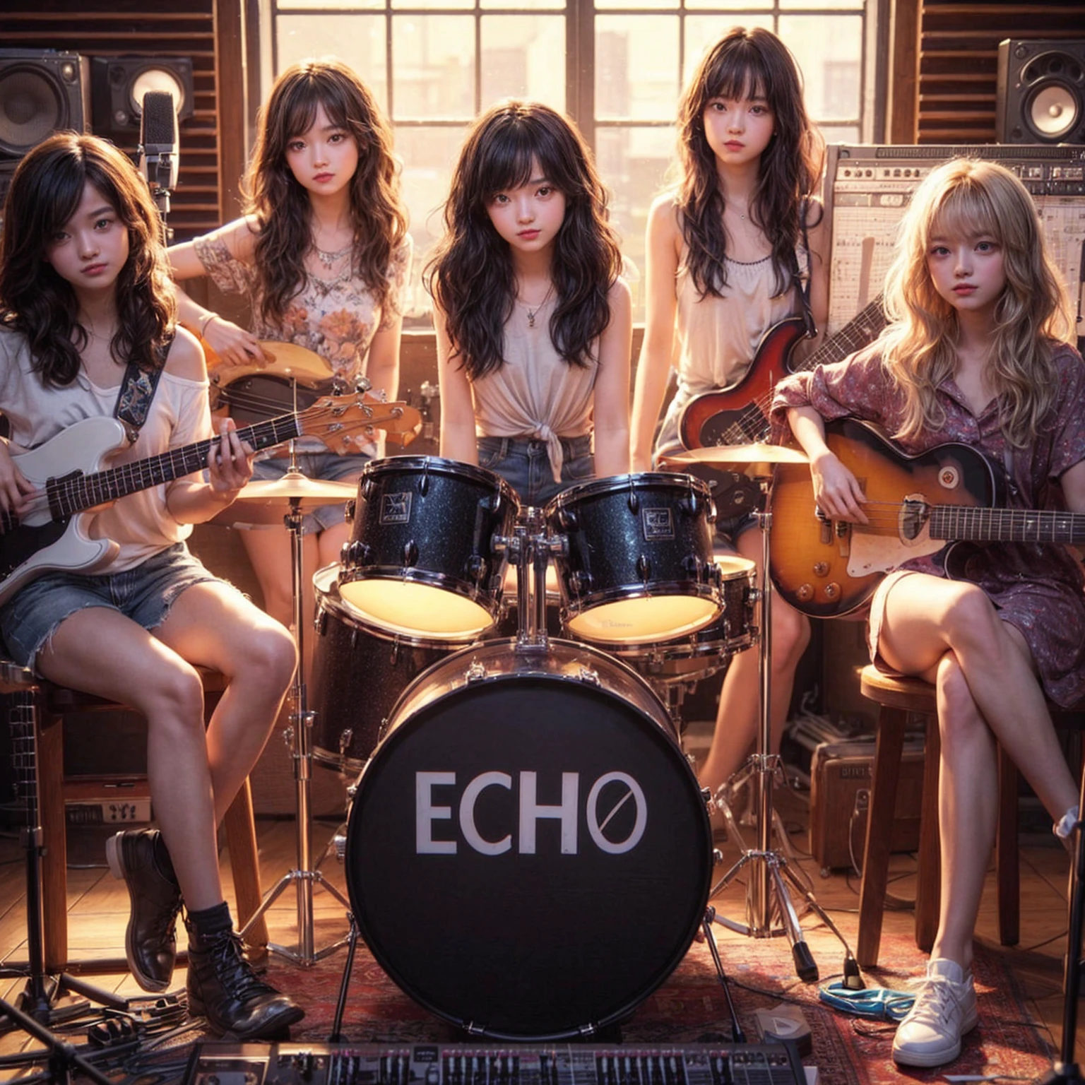 **Photo of 5 beautiful girls sitting:**

- **3 girls with messy black hair**
- **2 girls with wavy bob hair**

One girl is playing the drums, one girl is playing the piano, one girl is playing the bass guitar, one girl is playing the guitar, and one girl is singing. They are sitting behind a board with the word "ECHO" written on it. The background is a music studio, complete with drums, guitars, bass guitar, and piano. The image is ultra HD, 4k, and realistic.