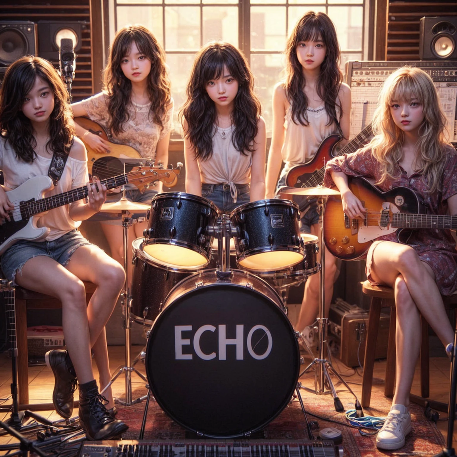 **Photo of 5 beautiful girls sitting:**
- **3 girls with messy black hair**
- **2 girls with wavy bob hair**
One girl is playing the drums, one girl is playing the piano, one girl is playing the bass guitar, one girl is playing the guitar, and one girl is singing. They are sitting behind a board with the word "ECHO" written on it. The background is a music studio, complete with drums, guitars, bass guitar, and piano. The image is ultra HD, 4k, and realistic.