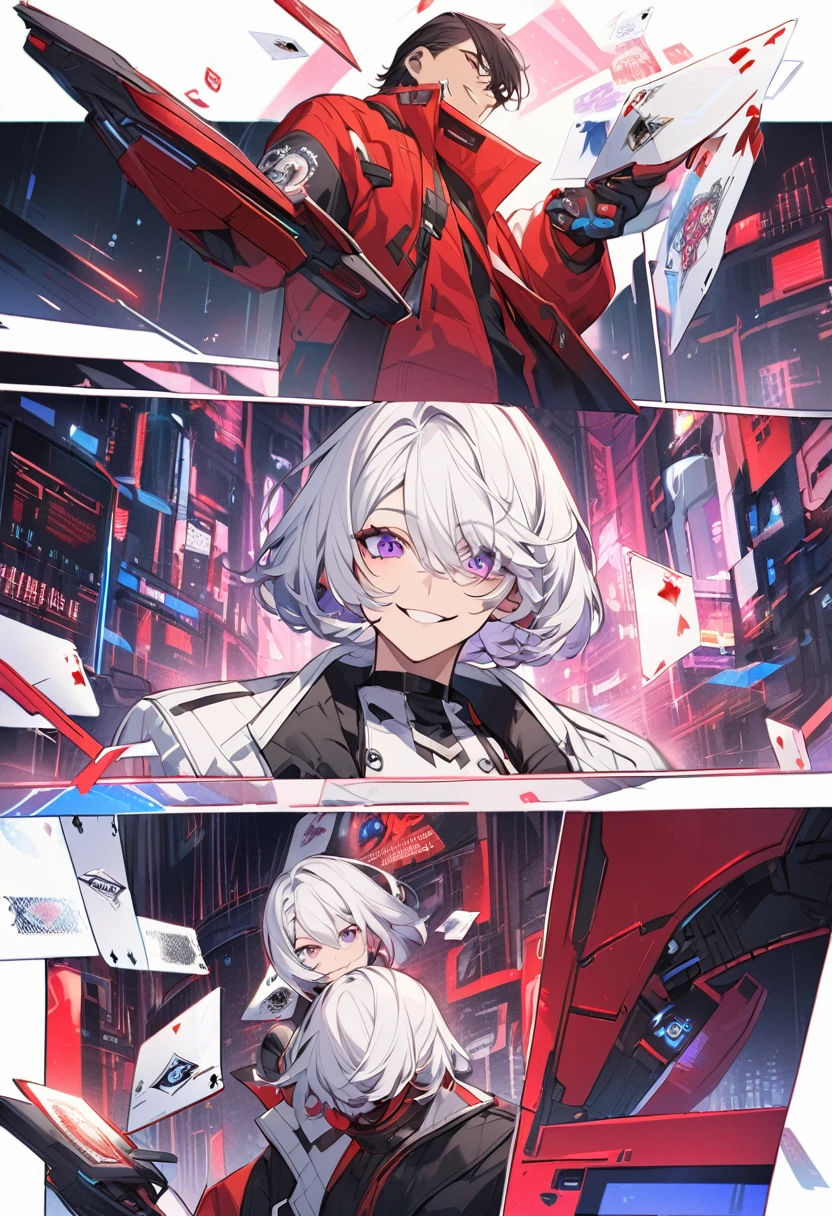 Beautiful, One, 1 man, short hair, White hair, red highlights on the ends of the hair, purple eyes, White and red clothes, smile on your face, futuristic, Cyberpunk, cards, You're talking, gambler