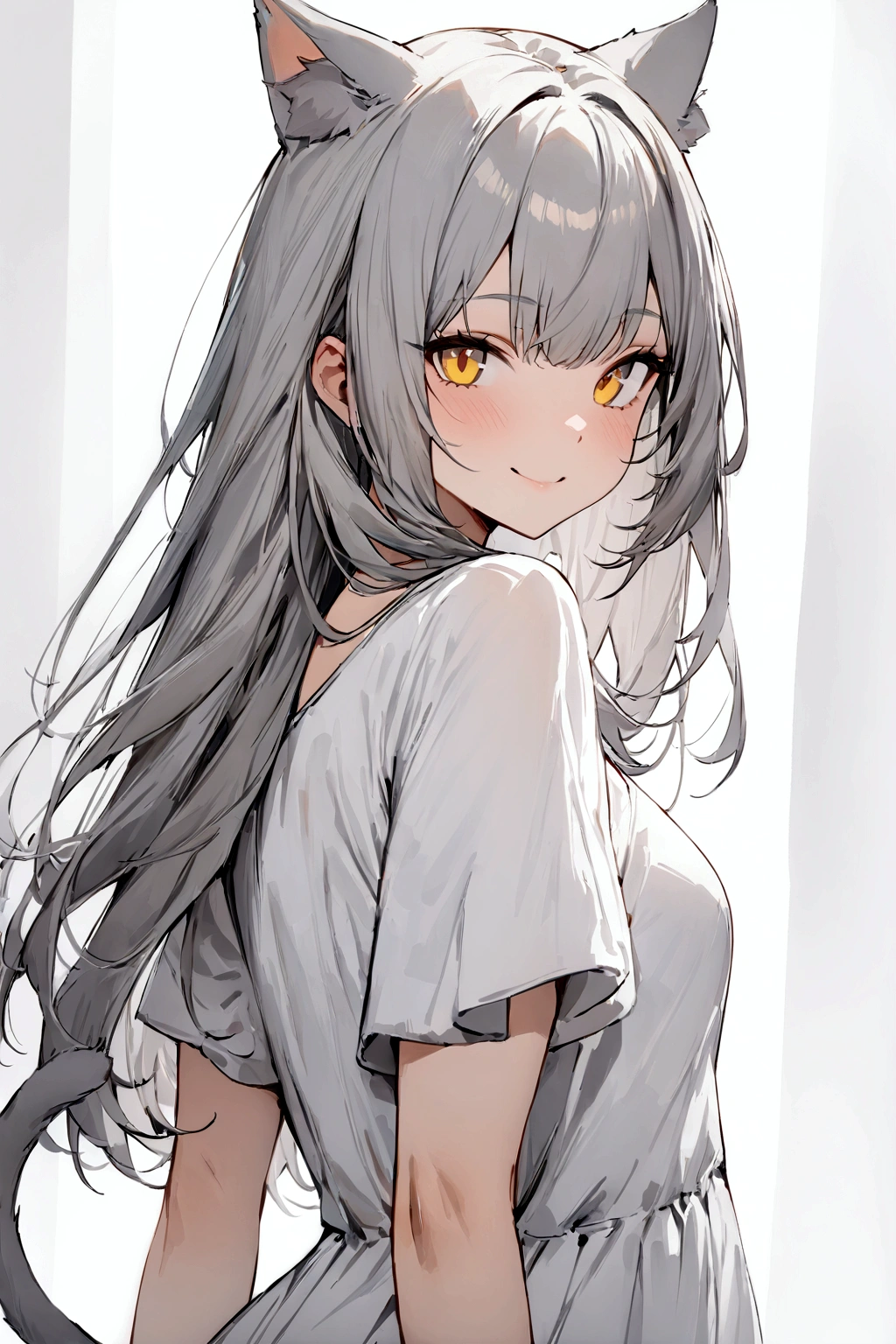 ((masterpiece)), ((best quality)), (from front), (close-up:1.2), (half-body shot:1.36), perfect anatomy, 1girl, solo, cat girl, long gray straight hair, yellow round eyes, gray cat ears, gray fluffy cat tail, basic short-sleeved loose white dress, smiling, looking at viewers