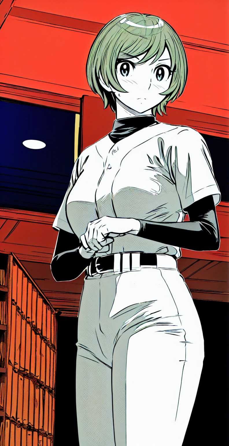 (野球uniform:1.2),
Blonde Hair, (short hair:1.2),Long sleeve, Black Shirt, turtleneck,White trousers、uniform、Black belt、((Illustration of people))、Big 、
View Audience,, (Highest quality:1.3),One Girl, White pants、uniform、indoor、baseball 、White wall、blue eyes、Tight black shirt、(masterpiece、Highest quality)、Highest quality, Ultra-high resolution, (((masterpiece))), alone, Sweat、Big eyes、Big Breasts、One Girl, Front view、Embarrassed face、Bronze colored hair、((short hair))、Stand up straight、Cowboy Shot