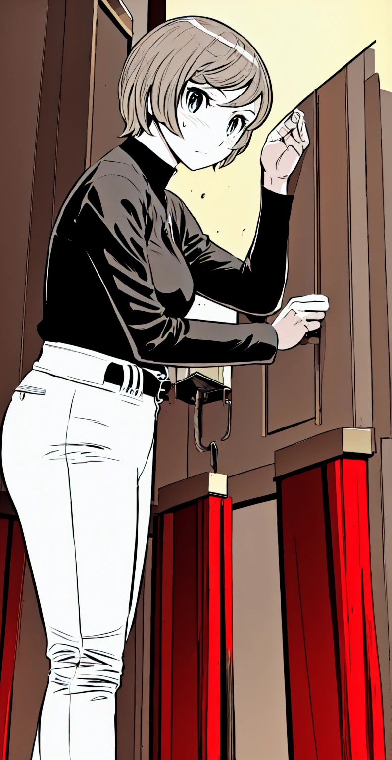 (野球uniform:1.2),
Blonde Hair, (short hair:1.2),Long sleeve, Black Shirt, turtleneck,White trousers、uniform、Black belt、((Illustration of people))、Big 、
View Audience,, (Highest quality:1.3),One Girl, White pants、uniform、indoor、baseball 、White wall、blue eyes、Tight black shirt、(masterpiece、Highest quality)、Highest quality, Ultra-high resolution, (((masterpiece))), alone, Sweat、Big eyes、Big Breasts、One Girl, Front view、Embarrassed face、Bronze colored hair、((short hair))、Stand up straight、Cowboy Shot