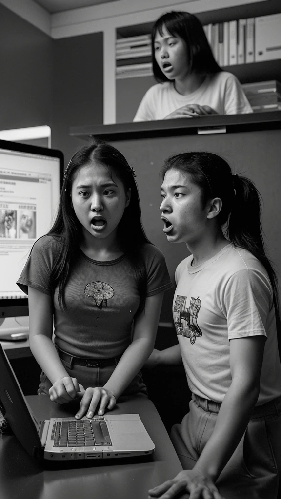 a brother yelling at his younger sister for being lazy and not studying,1 older brother around 20 years old,1 younger sister around 18 years old,sister sitting at a desk looking at an old laptop,brother standing behind the sister,black and white comic style,japanese anime style,highly detailed,intricate background,dynamic poses,expressive facial expressions,dramatic lighting,moody atmosphere