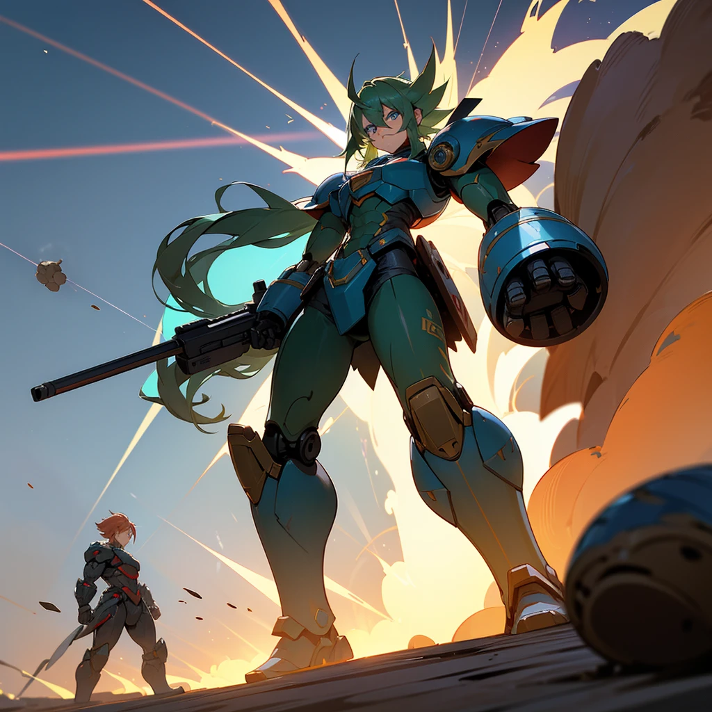 1character, Full body version, Professor mixed with green Colossal Titan, mixed with blue robotic, blue eyes color, largest muscle, very long Shaggy hair, clothing robotics, metallic armor, Bazoka firearms, super saiyan, Grassroots, desert background, light silhouette, laser, bomb explosion, burning fire, pebbles, Lightning, lightning flash, smoke, morning, Red streaks in his eyes, largest weapon, ((Ordinary citizens beneath his feet, Many people look under the soles of their feet, many people look small under the soles of their feet, many people look small under the robot's big feet))