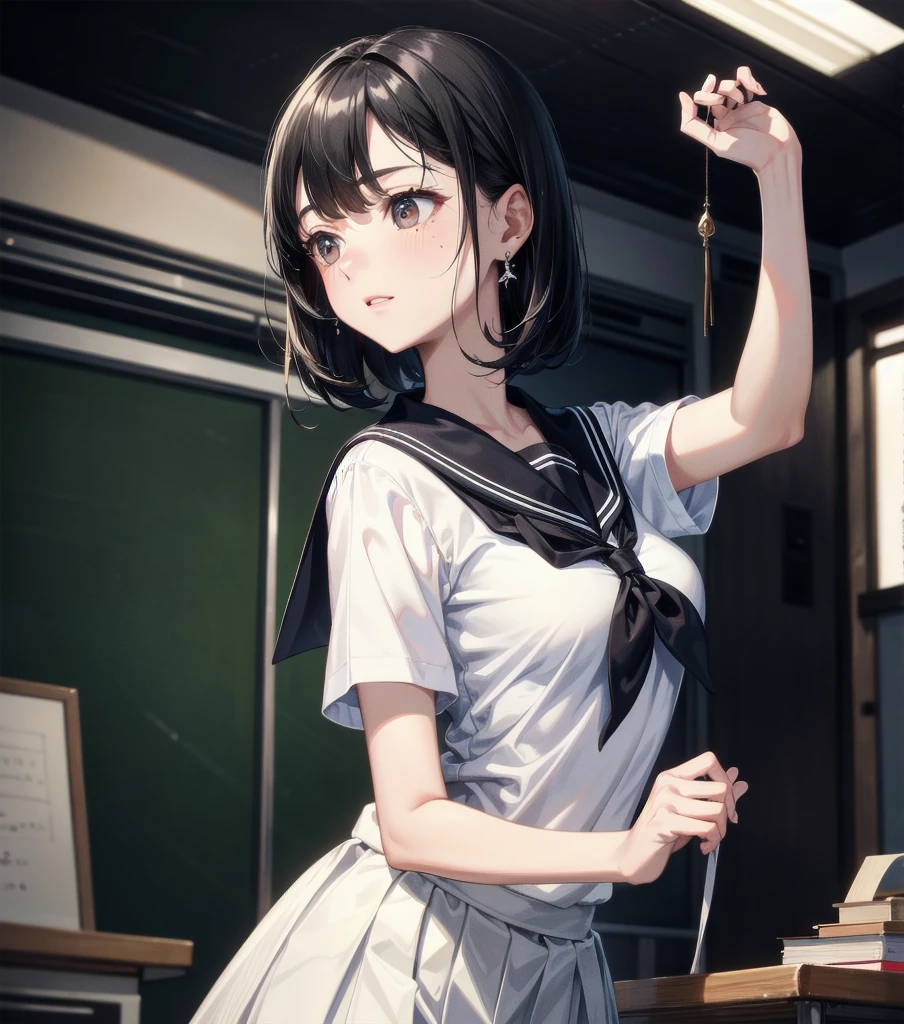 absurdres, RAW photo, extremely delicate and beautiful, masterpiece, Best Quality, ultra high resolution, 32k, hyperrealistic, ultra-detailed, perfect anatomy, super Detailed skin, late 20s, very Slim body, narrow waist, very small head, very small face, delicate facial features, tearful mole, earring, very huge round breasts, medium hair, black hair, full body shot, school_uniform, sailor uniform, classroom,