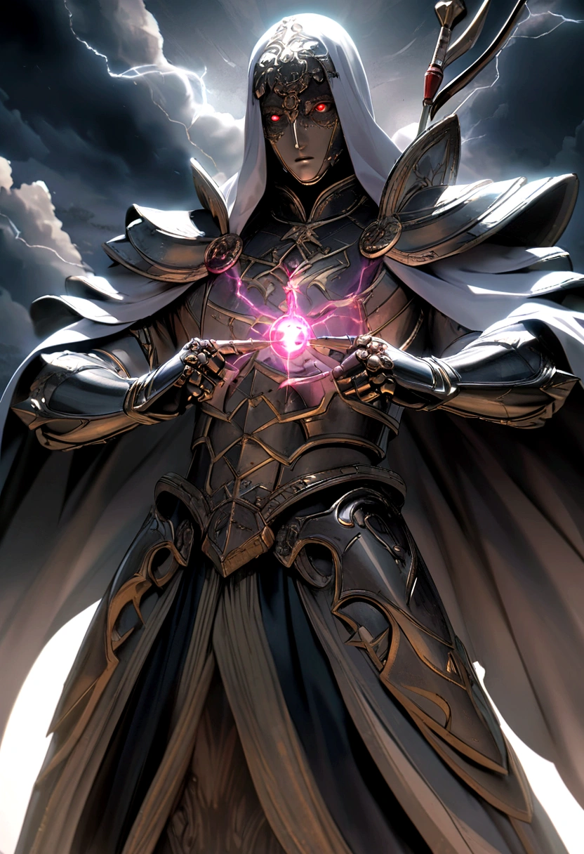 a thunder male god holding an bow arrow made of lightning, aiming with a sharp gaze, his red eyes gleaming with a cosmic aura, eyes detailed, his figure wearing a silver robe and armor, shrouded in the majestic light of a god, very detailed, legs detailed, face detailed, hands detailed, standing in the black cloud