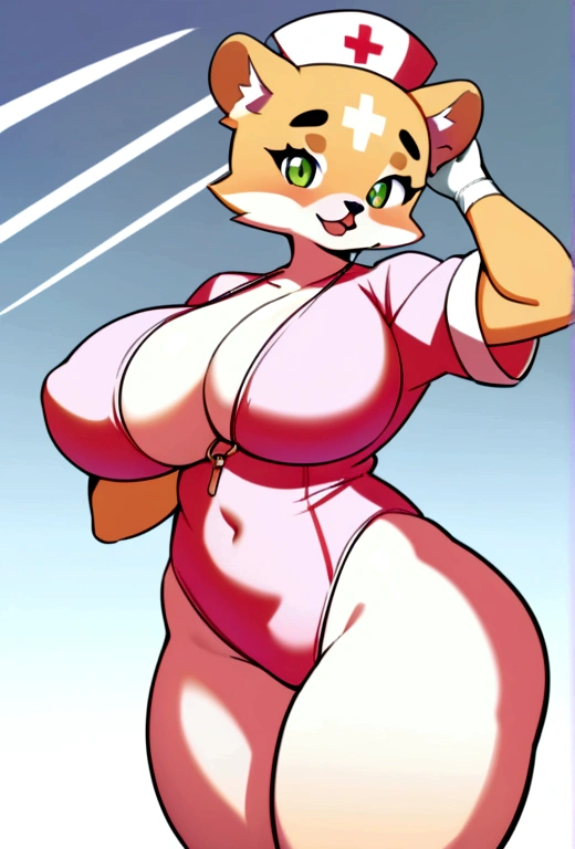 Small slim beautiful furry cub puppy with nice big thighs and wearing a swimsuit and as a nurse.