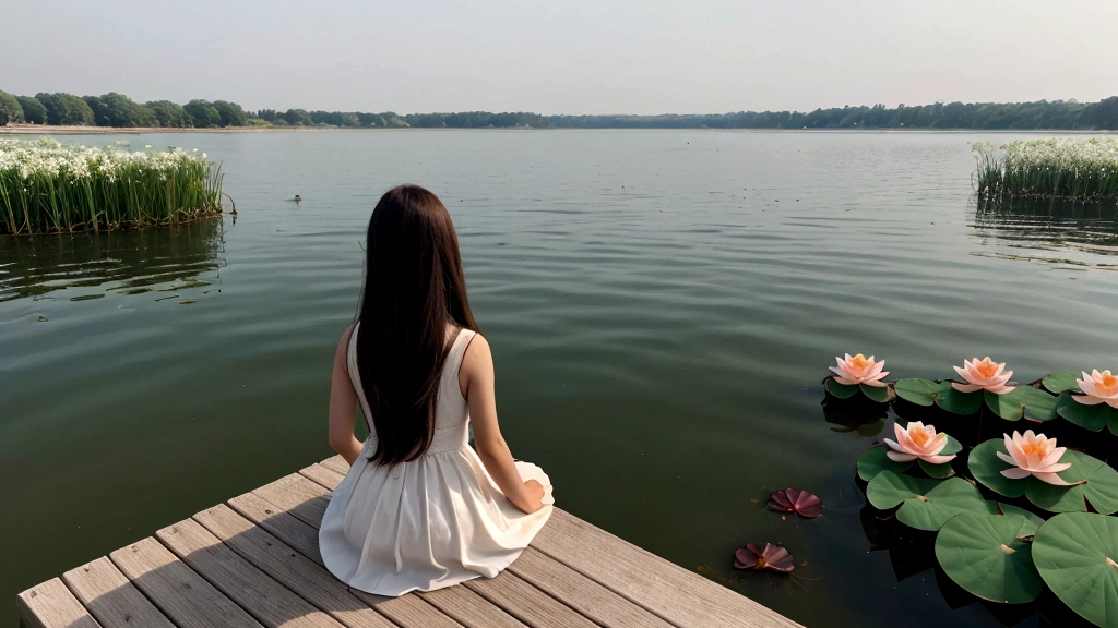 There are many lotus flowers on the lake，calm，brown long hair,Breeze blows,A little girl meditates，White dress,Back,