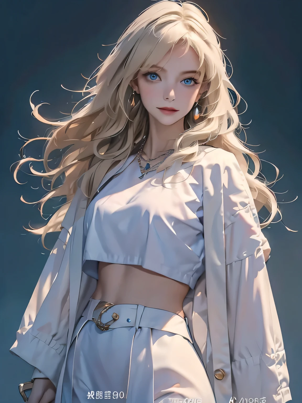 Best quality, masterpiece, A high resolution, young woman, blonde, Blue eyes, fashion clothes, necklace, jewelry, Beautiful face, perfect breasts, more, than_body, Tyndall effect, realistic, Dark Studio, Side light, Two-tone lighting, (HD скин:1.2), 8k Ultra HD, SLR camera, soft light, high quality, volumetric lighting, frank, photo, A high resolution, 4K, 8 k, hips,