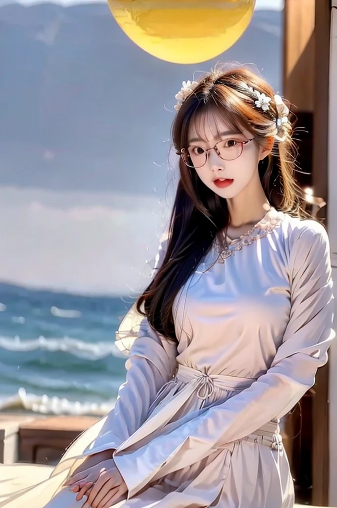korean girld , shot heair , round transparent glasses , iron man suit