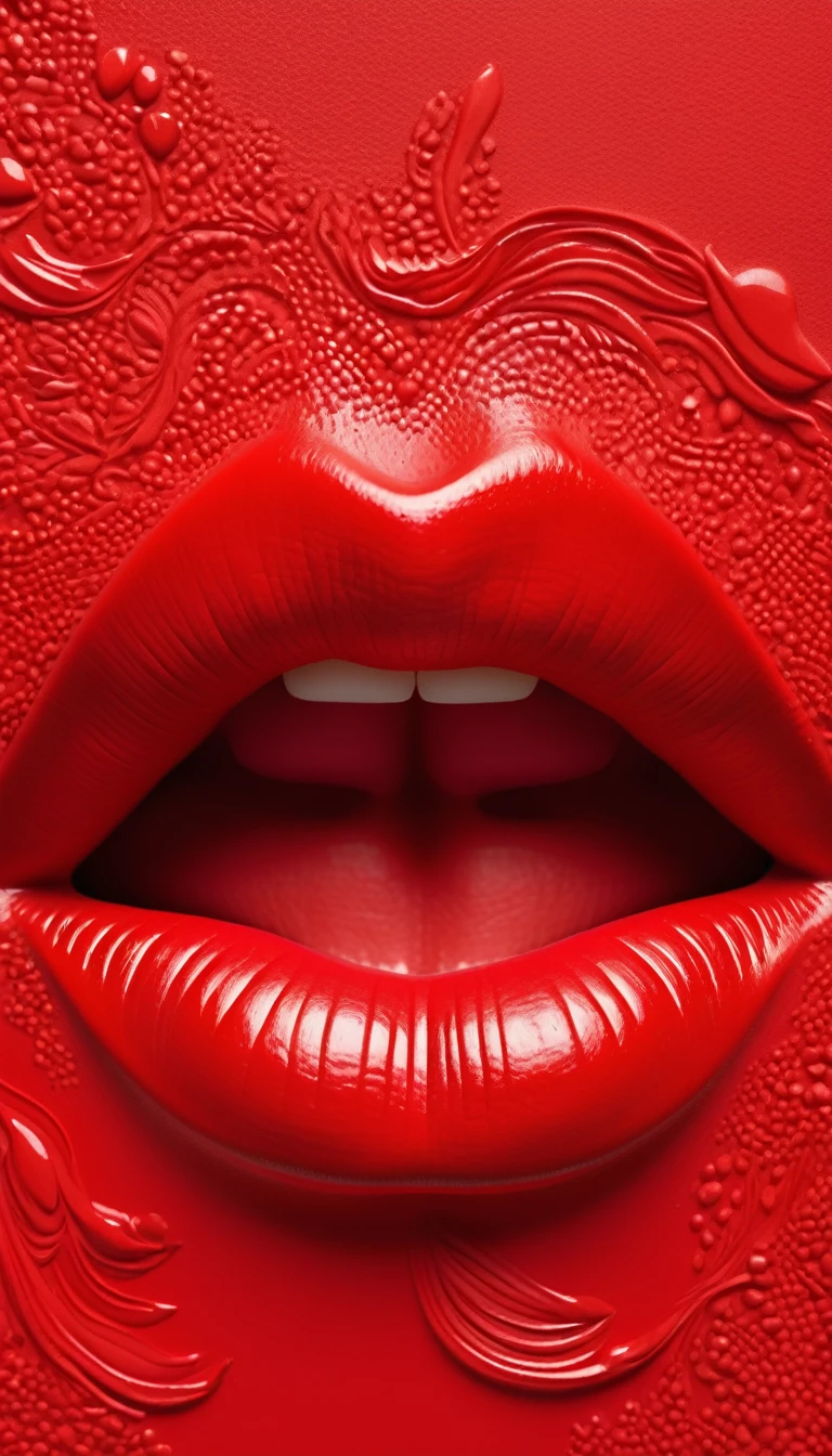 Lip prints on a solid red background,Bas-relief,50%White Space