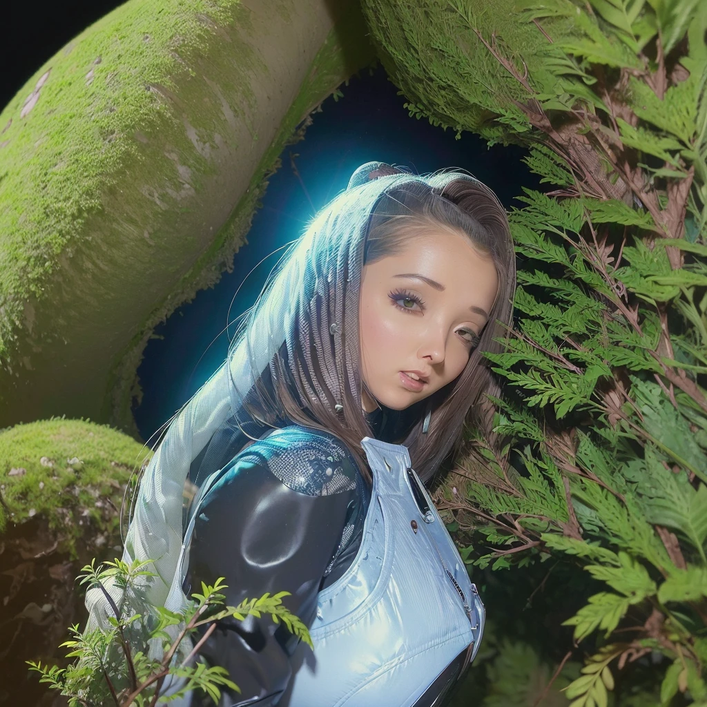 a cute woman in a sexy space suit, inspecting her rocket ship, alien forest, tentacle monster watching from bushes, hyperdetailed, 8k, realistic, photorealistic, hyper detailed, cinematic lighting, dramatic shadows, vibrant colors, intricate details, sci-fi, concept art style