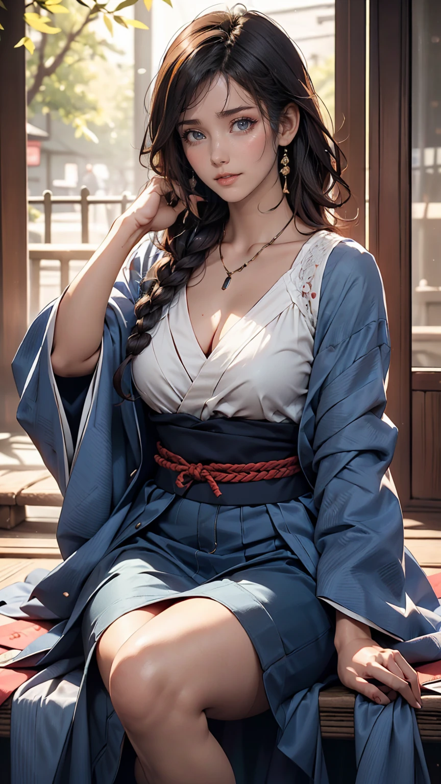8K, RAW Photos, Highest quality, masterpiece:1.2), (Realistic, photo-Realistic:1.37)、26 year old Japanese woman、Hair is black、Eye is indigo、long hair、I braid it lightly、Venus Body、Having her hair done、 chest is popping out、Wearing accessories on the ankle、smile、I'm wearing a hairband、Wearing a sheer tie-front shirt、The belly button is visible、Wear a navy blue low-rise micro mini pleated skirt、smile