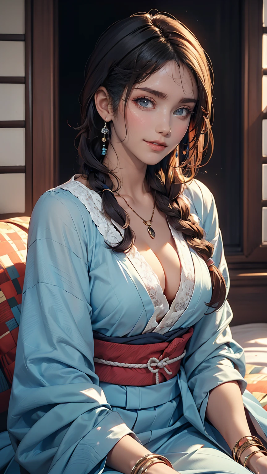 8K, RAW Photos, Highest quality, masterpiece:1.2), (Realistic, photo-Realistic:1.37)、26 year old Japanese woman、Hair is black、Eye is indigo、long hair、I braid it lightly、Venus Body、Having her hair done、 chest is popping out、Wearing accessories on the ankle、smile、I'm wearing a hairband、Wearing a sheer tie-front shirt、The belly button is visible、Wear a navy blue low-rise micro mini pleated skirt、smile