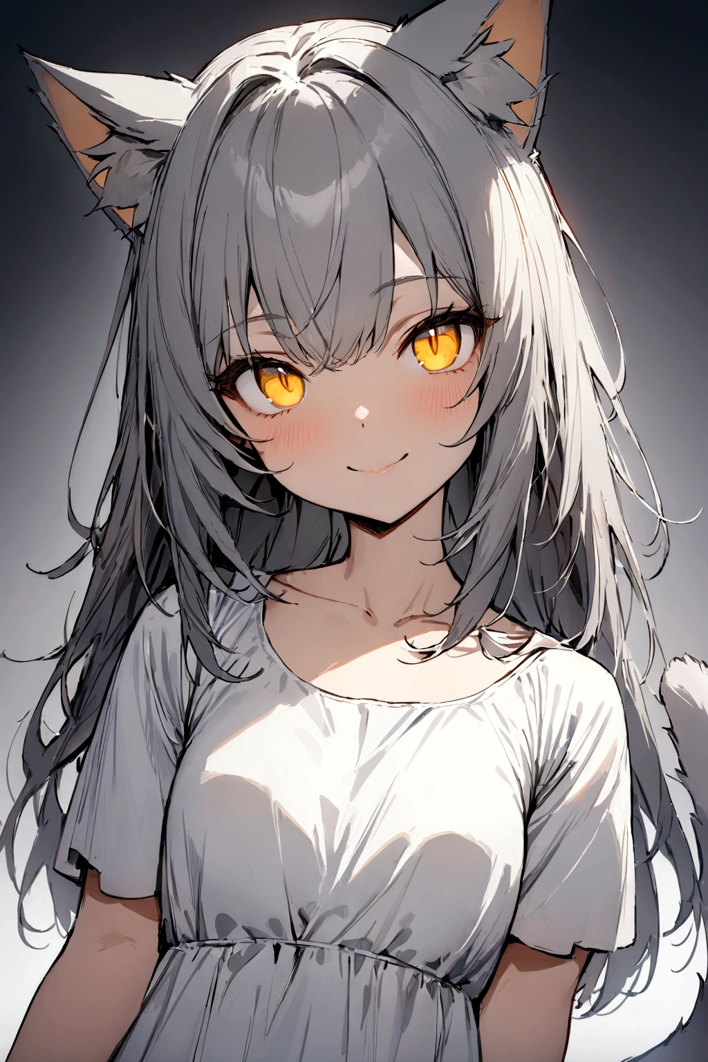 ((masterpiece)), ((best quality)), (from front), (close-up:1.2), (half-body shot:1.36), perfect anatomy, 1girl, solo, cat girl, long gray straight hair, yellow round eyes, gray cat ears, gray fluffy cat tail, basic short-sleeved loose white dress, smiling, looking at viewers