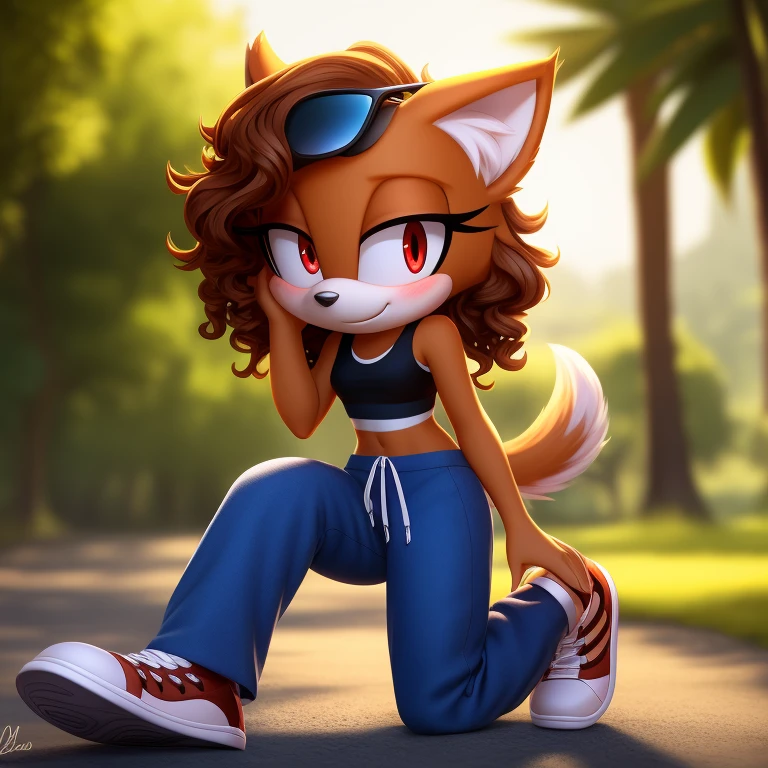 mobian, solo, hedgehog, two-tone fur ((orange fur, brown fur)), ((crop top)), ((oversized pants)), high-top sneakers, small breasts, two-tone hair (brown hair, black tip)), curly hair, halo, sunglasses, jewelry, red eyes, longeyelashes, red eyes, smile, shy, blush, pose, high detail, masterpiece, UHD, anatomically correct, super detail, highres, 4K