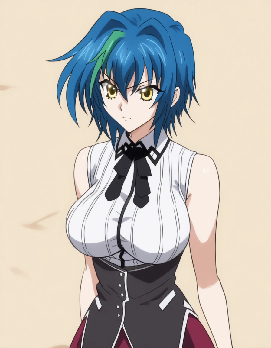 anime artwork, score_9, score_8_up, score_7_up, score_6_up, score_5_up, score_4_up, xenovia quarta, short hair, blue hair, yellow eyes, multicolored hair, green hair, two-tone hair, streaked hair,
, big breasts, she is 24 years old, style_3, outdoors, bikini skirt, beach, , expressive