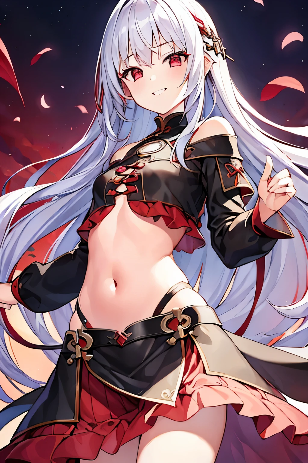 1 girl、Long silver hair、Red Eyes、((Red and black clotheedieval European fantasy))、Charm、Chest a little big、Expose、Fan、smile、胸Expose、Belly button、Shoulder Bare