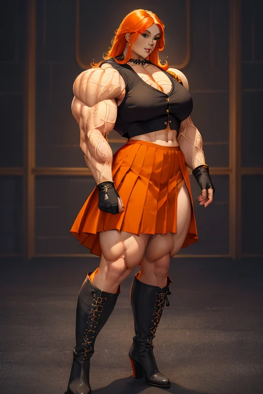 ((((Massive beautiful, buff, bulky, pale white skinned muscular woman with orange hair, black lipstick, ginormous bulky muscles and wearing a orange shirt and a beautiful royal long pleated skirt with pantyhose)))), (close view), vascular, massive muscle, massive biceps, hyper muscle shoulders, vascular shoulders, hyper muscle triceps, (long shaggy hair), green eyes, fingerless gloves, (((beautiful black vest))), ((royal long pleated skirt)), (high heel boots), sensual smile, (in a jellyfish forest), at evening, Vascular arms, hyper vascular arm, hyper muscles arms, hyper muscle legs, (massive arms)