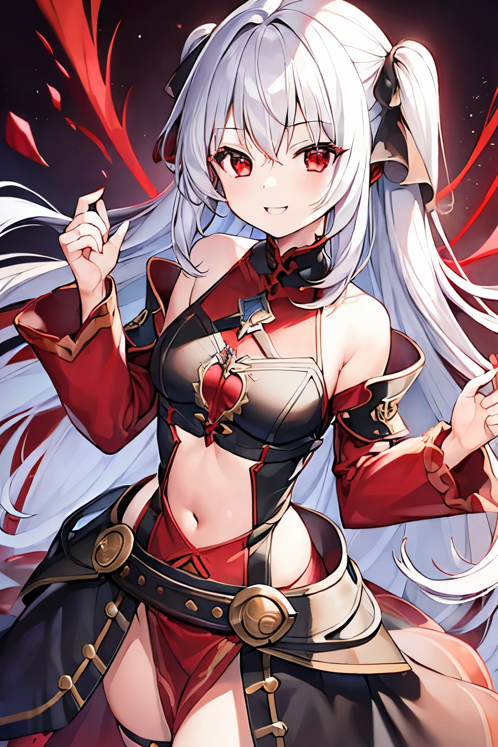 1 girl、Long silver hair、Red Eyes、((Red and black clotheedieval European fantasy))、Charm、Chest a little big、Expose、Fan、smile、胸Expose、Belly button、Shoulder Bare