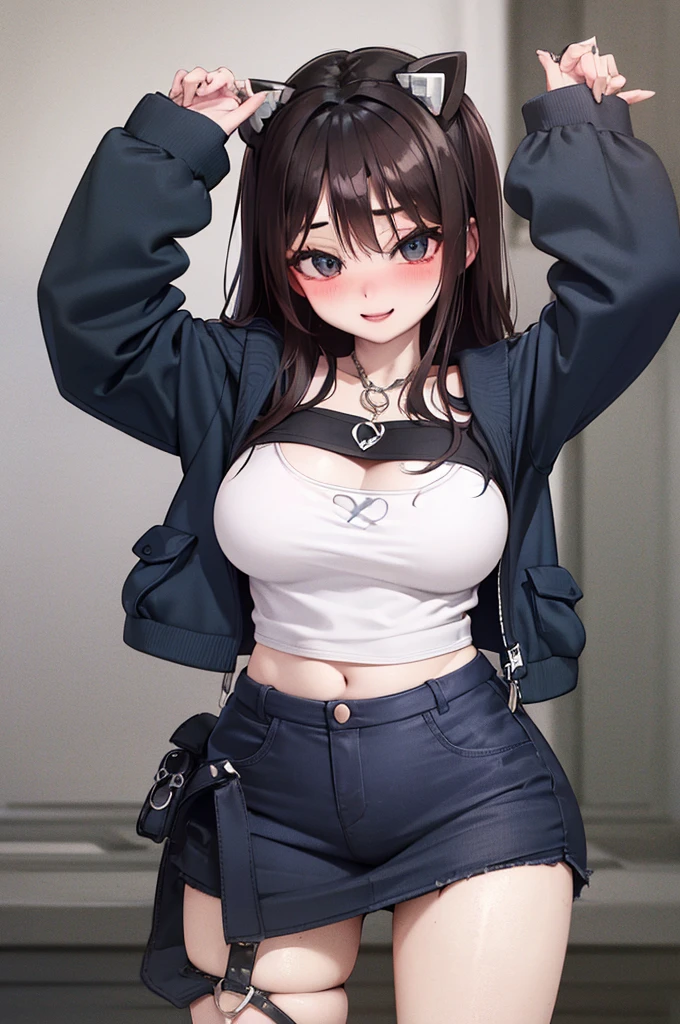 dominant fashionable college girl flirting with the viewer. (ultra-detailed,4k, 8k, high res, curvy,plus size anime girl,confident, seductive,erotic) curvy, plus size anime girl, seductive, erotic, thick thighs, detailed eyes, detailed lips, alluring expression, captivating curves, cleavage, flirtatious, artistic rendering, smiling/smirking, fashionable, cool clothes, pretty clothes, exposed skin, mesh clothing, skimpy, detailed clothing