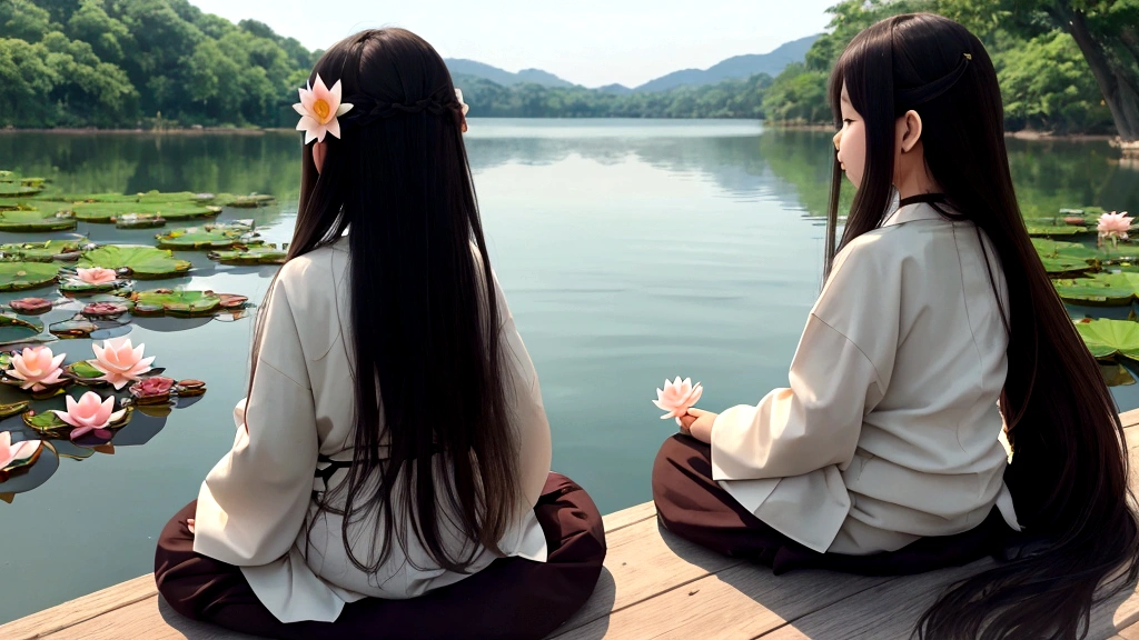 There are lotus flowers on the lake，calm，Brown long flowing hair,a 5 year old girl,meditation，Back,
