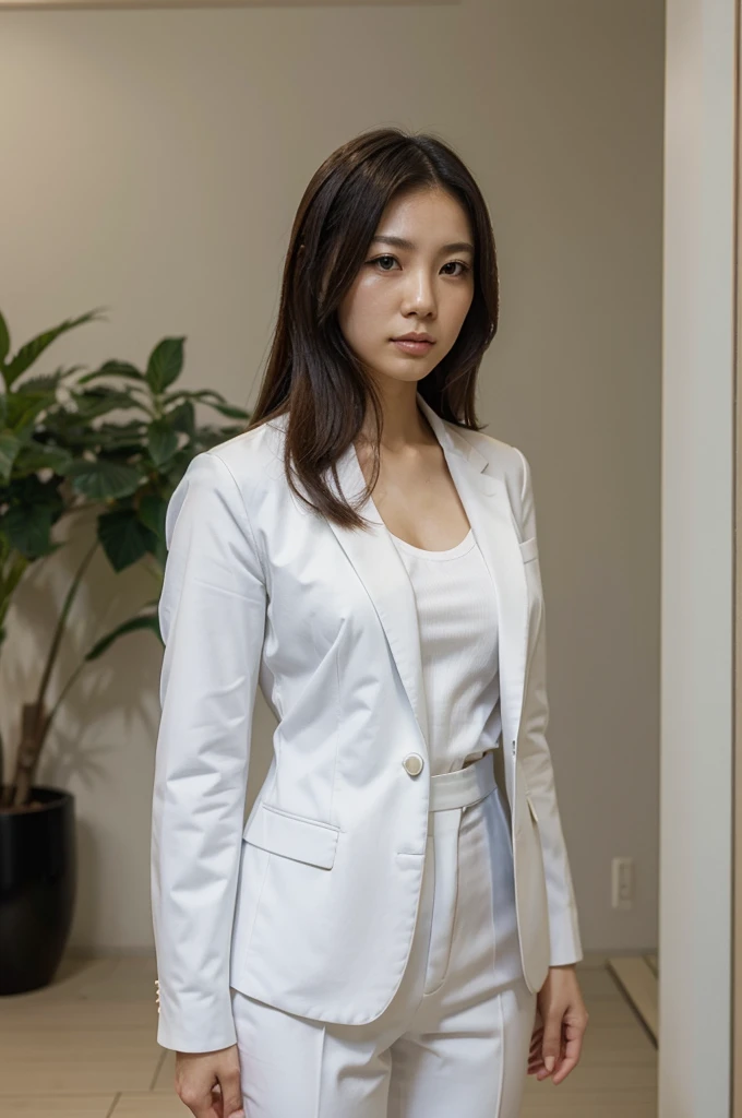 A beautiful Japanese woman with white business suit and tosca shirt