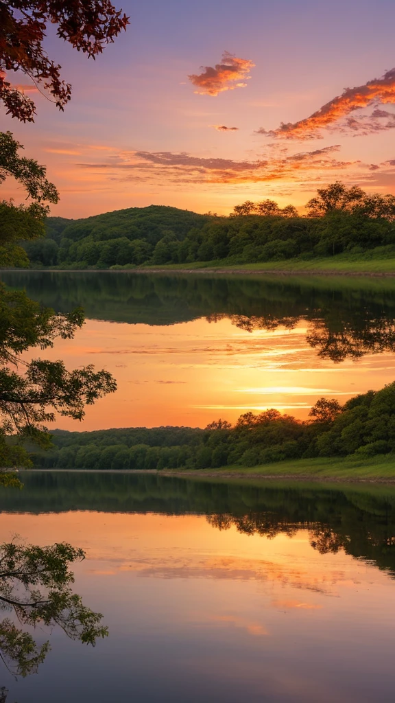 Draw a calm lake，Reflecting the charming sunset in the sky