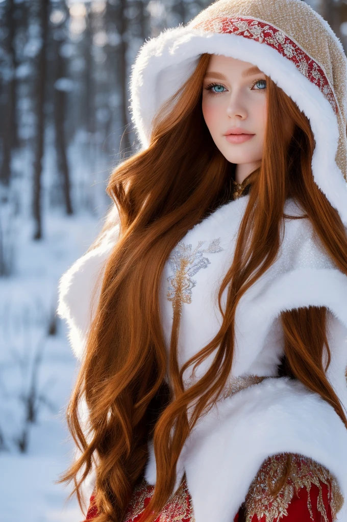 A gorgeous, pretty, shiny, kind-hearted, warm-hearted, sweet, polite, sensitive, friendly, charming, graceful, stylish, classy, alluring, majestic, ethereal, angelical ginger long haired russian woman dressed in traditional winter costumes.