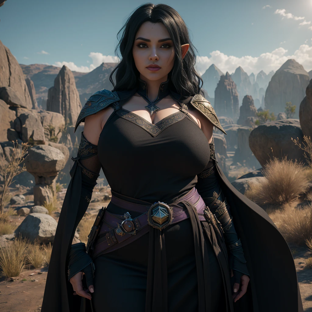 ((Best quality)), ((masterpiece)), (detailed: 1.4), 3D, (half-elf sorceress), (black hair, purple eyes:1.5, pale brown skin), (black robe, purple sleeves, grey pants, black boots and black armbands), (huge tits, big booty, short, curvy), (heavy gothic makeup), HDR (High Dynamic Range),Ray Tracing,NVIDIA RTX,Super-Resolution,Unreal 5,Subsurface dispersion, PBR texture, Post-processing, Anisotropic filtering, Depth of field, Maximum clarity and sharpness, Multilayer textures, Albedo and specular maps, Surface shading, Accurate simulation of light-material interaction, Perfect proportions, Octane Render, Two-tone lighting,Wide aperture,Low ISO,White balance,Rule of thirds,8K RAW,