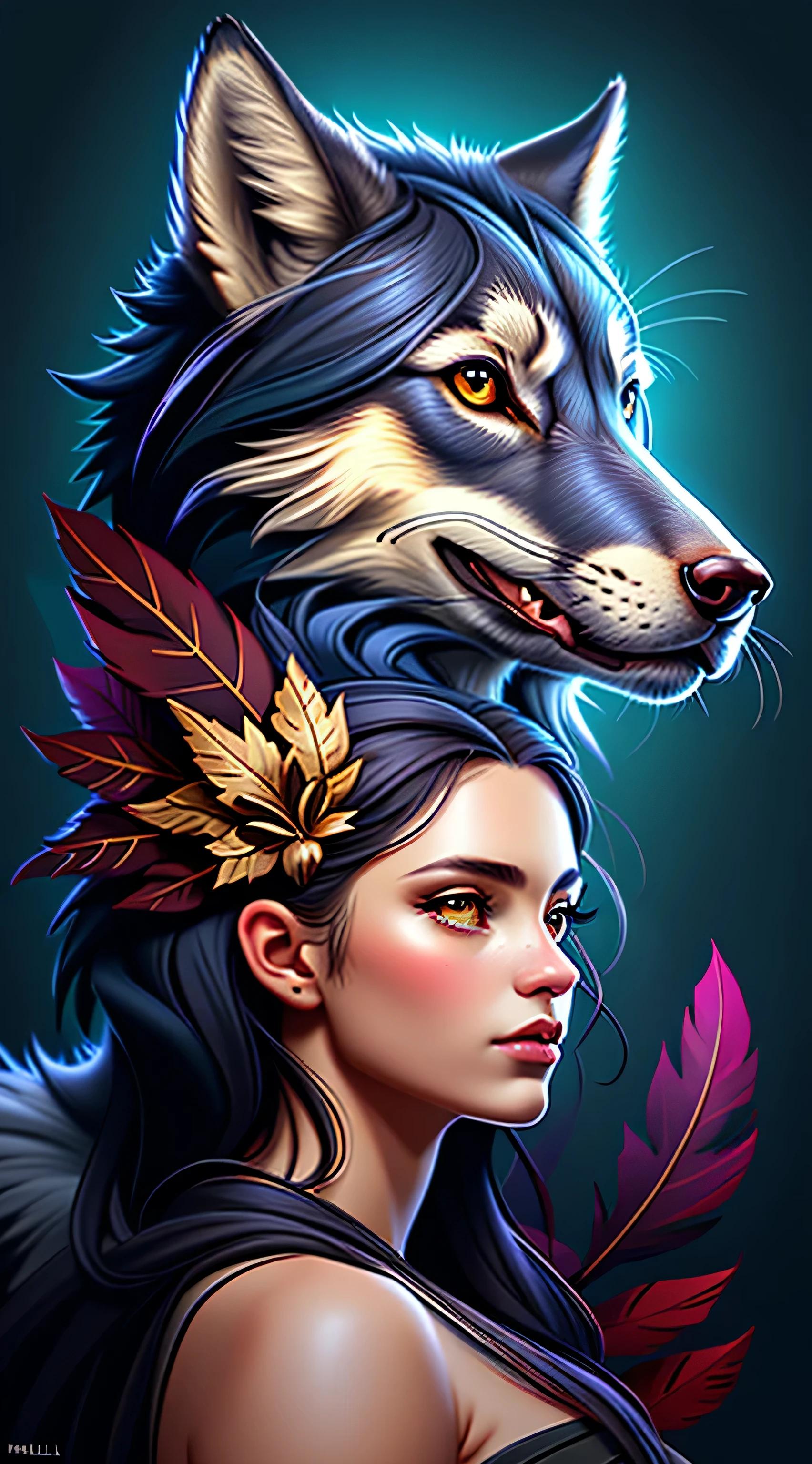 a woman with a wolf's head and feathers on her head, 16k high quality detailed artwork, wolf girl, stunning art style, beautiful digital art, high quality works of art, female anthropomorphic wolf, Highly detailed 8K digital art, Bela arte UHD 8K, Detailed 8K digital art, great digital art with details, angie wolf