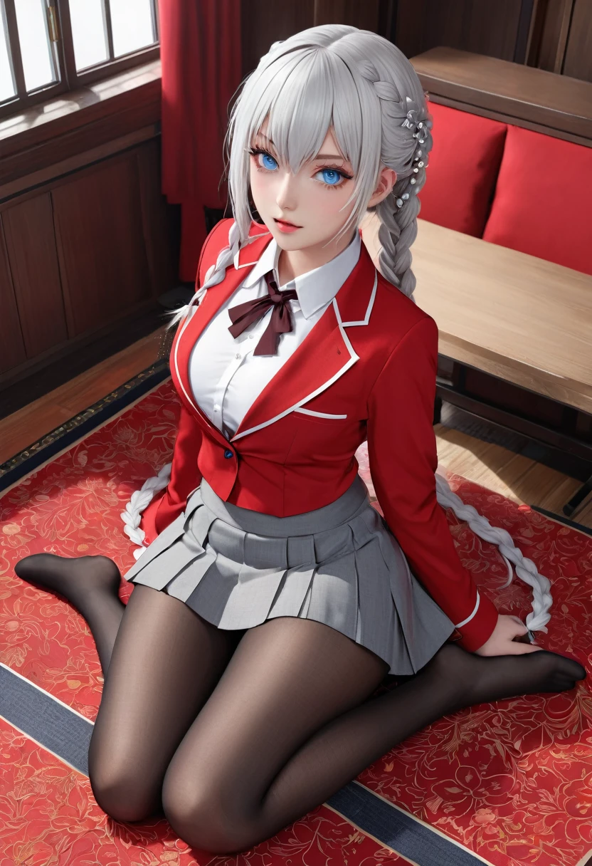 "1 girl, incredibly detailed 8k computer graphics, perfect model, mesmerizing idol, Stunning face, unearthly beauty, virgin white hair, ring braids, Charming Blue Eyes,  Kakegurui ,  red blazer, White shirt, pleated gray skirt,  brown tights, whole body, legs spread, pussy visible, thong mesh, unbutton your shirt, bare chest, Background room