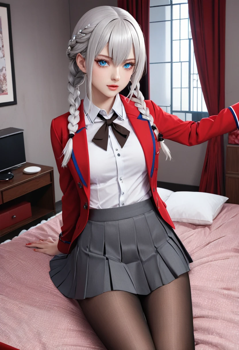 "1 girl, incredibly detailed 8k computer graphics, perfect model, mesmerizing idol, Stunning face, unearthly beauty, virgin white hair, ring braids, Charming Blue Eyes, Kakegurui , red blazer, White shirt, pleated gray skirt, brown tights, whole body, legs spread, visible, thong mesh, unbutton your shirt, bare chest, Background room