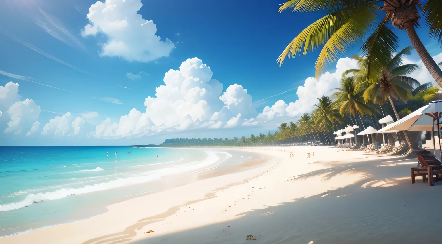 White sandy beach、Wavy、Clean sea、blue open sky、parasol、Palm trees、 South Country、8K、top-quality、realisitic、Not popular
