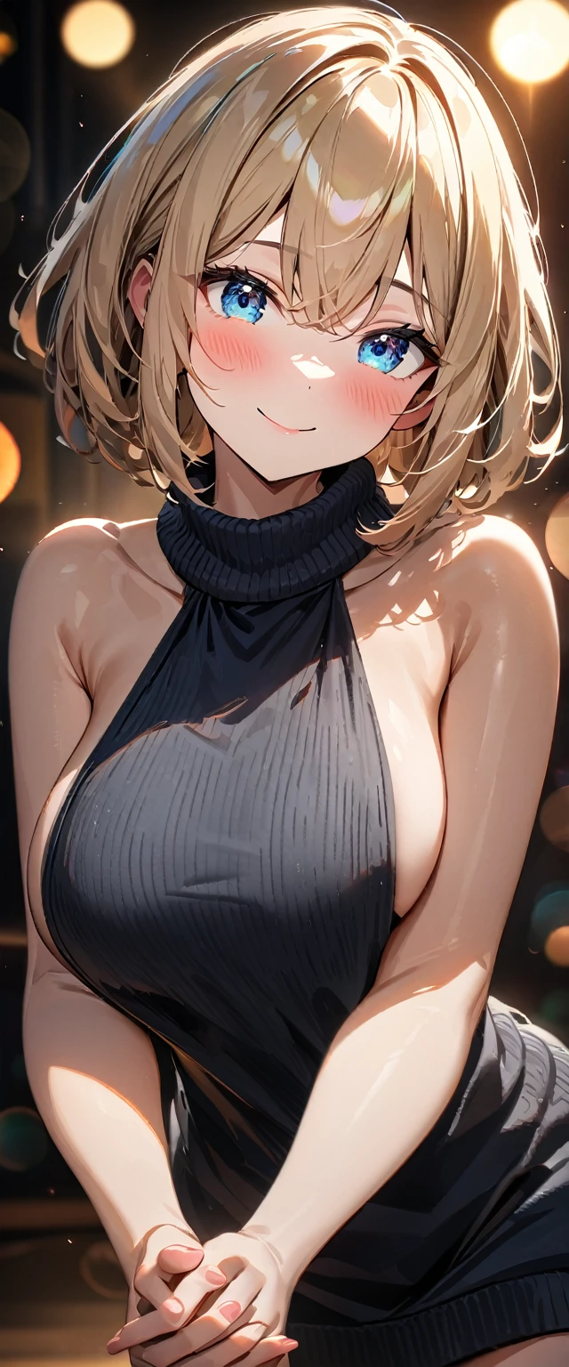 (((One girl))), blond hair, bob cut, big breasts, from side, (cowboy shot), (looking at viewer), ((black hot pants)), ((black virgin killer sweater)), face in focus, teenager, head tilt:1.3, (((blue eye))), ((happy smile)), ((blush)), ((clasping own hands)), anime style, (best quality, 4k, 8k, highres, masterpiece:1.2, ultra-detailed, ultra-detailed eyes, HDR, UHD, studio lighting, ultra-fine painting, sharp focus, physically-based rendering, extreme detail description, professional, vivid colors, bokeh)